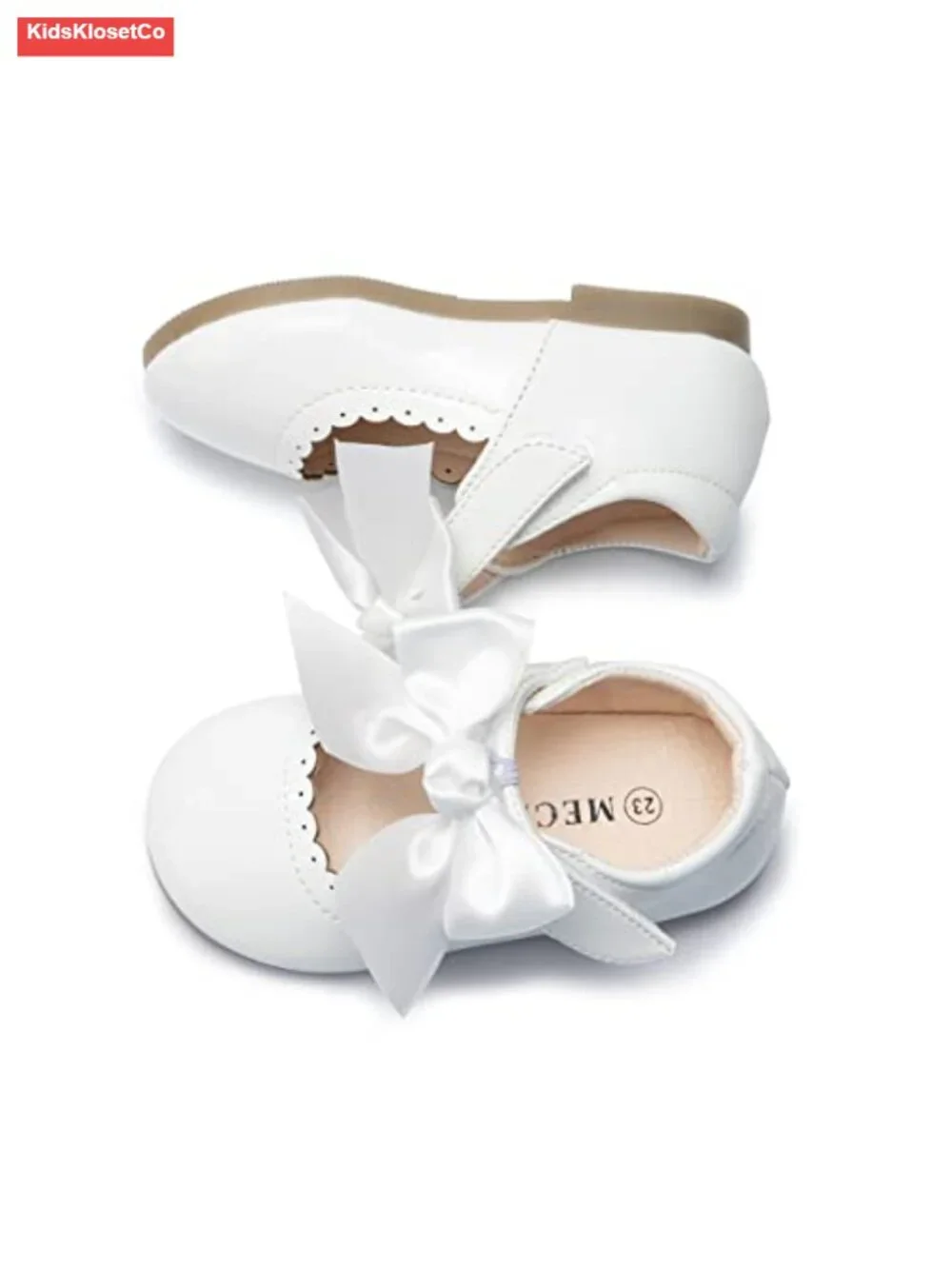 Faux Leather Mary Jane Flats with Bow, Adjustable Hook & Loop, Non-Slip Sole